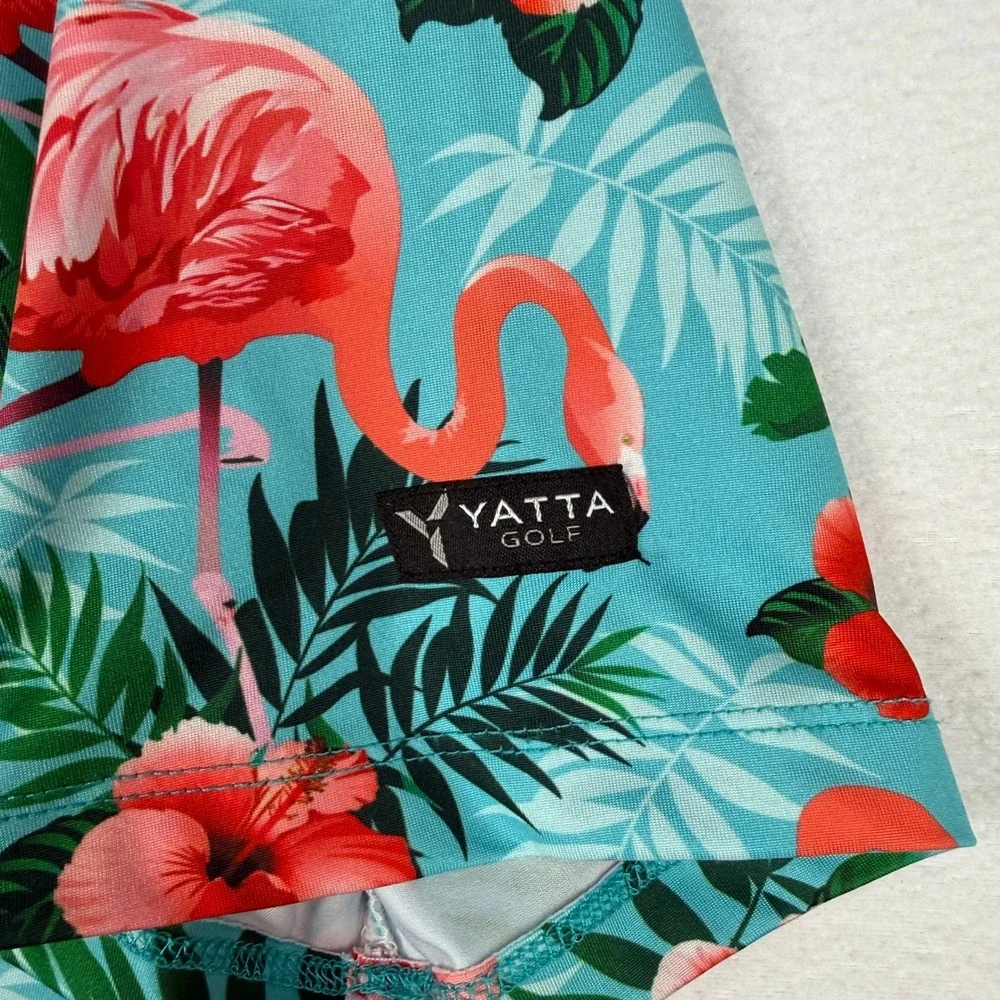 Yatta Golf Mens S‎ Flamingo Tropical Floral Performance Polo Shirt Turquoise AOP